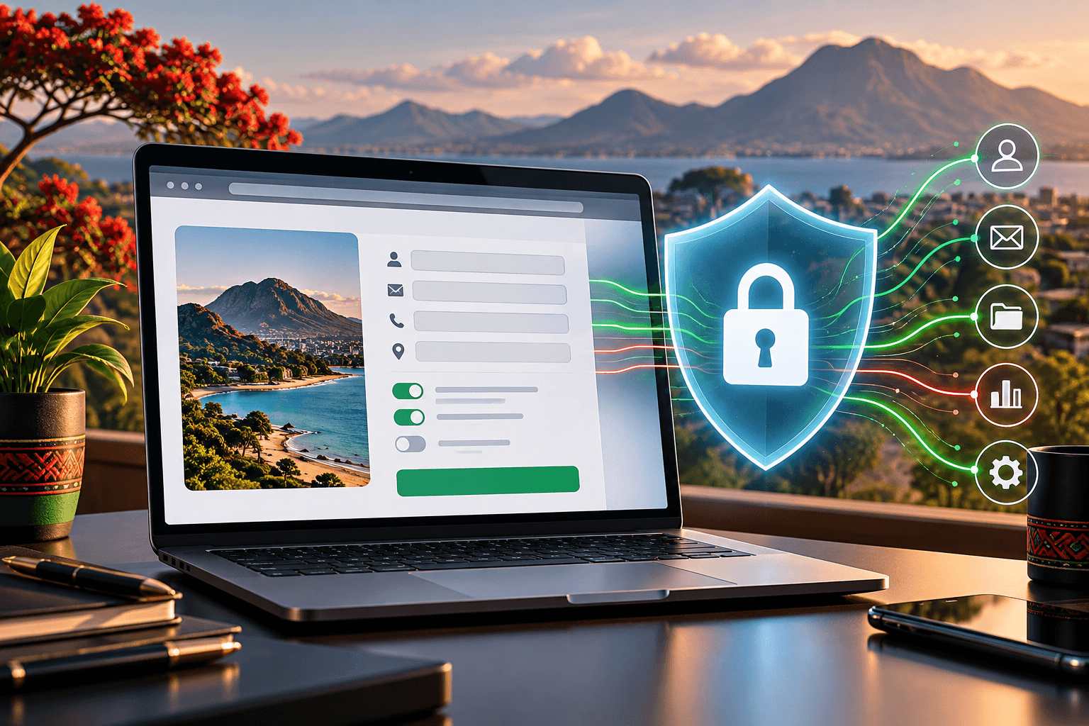 Editorial image of a laptop showing a minimal data-collection form beside a glowing shield and lock, with connected user, email, folder, analytics and settings symbols overlooking a Malawi-inspired lakeside landscape.