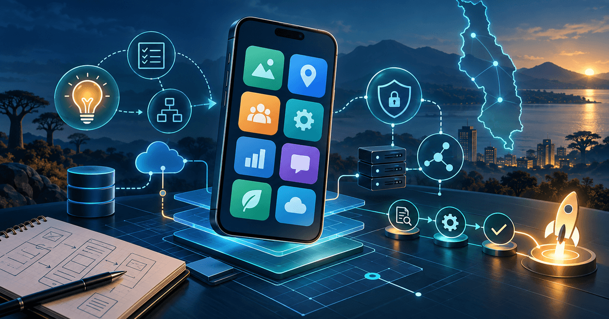 Conceptual smartphone app connected to planning, cloud, database, security and launch systems beside an illuminated outline of Malawi.