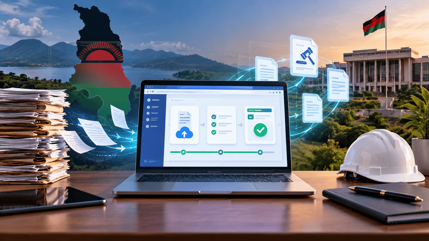 Editorial illustration of paper procurement files transforming into a secure digital tender workflow on a laptop, set against a Malawi landscape and government-service context.