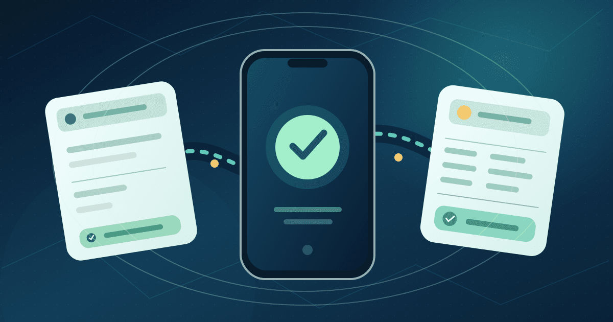 Editorial illustration linking a merchant sales record, a mobile payment confirmation and a settlement ledger in a single reconciliation workflow.