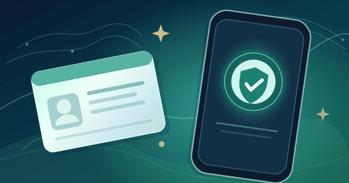 Unbranded editorial illustration of a simplified identity card floating beside a smartphone with an abstract shield and checkmark, representing secure digital identity.
