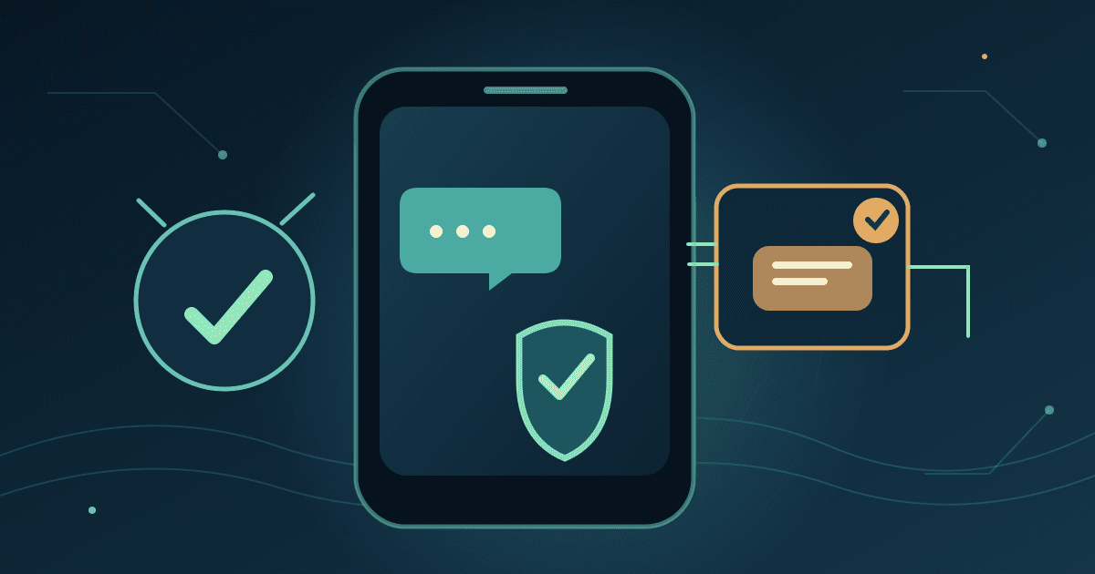 Unbranded illustration of a smartphone chat bubble and a shield beside a protected payment-card motif, representing account recovery and financial safety.