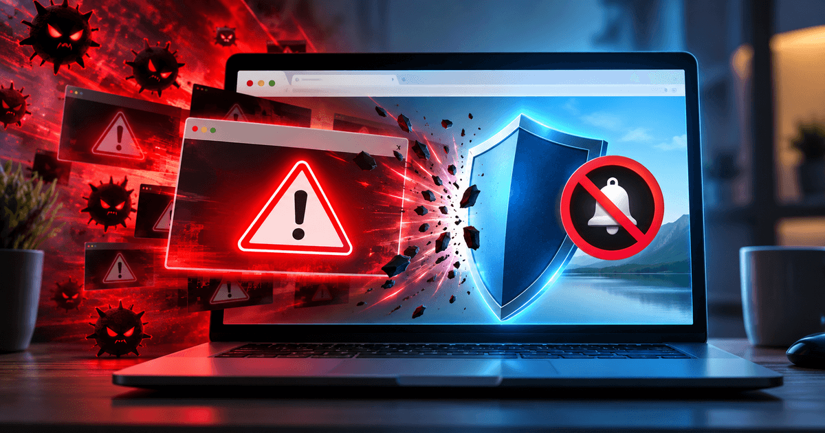 Symbolic, unbranded illustration of a laptop displaying alarming red browser pop-ups beside a blue protective shield and blocked notification bell; decorative virus-like shapes represent scam scare tactics, not a verified infection.