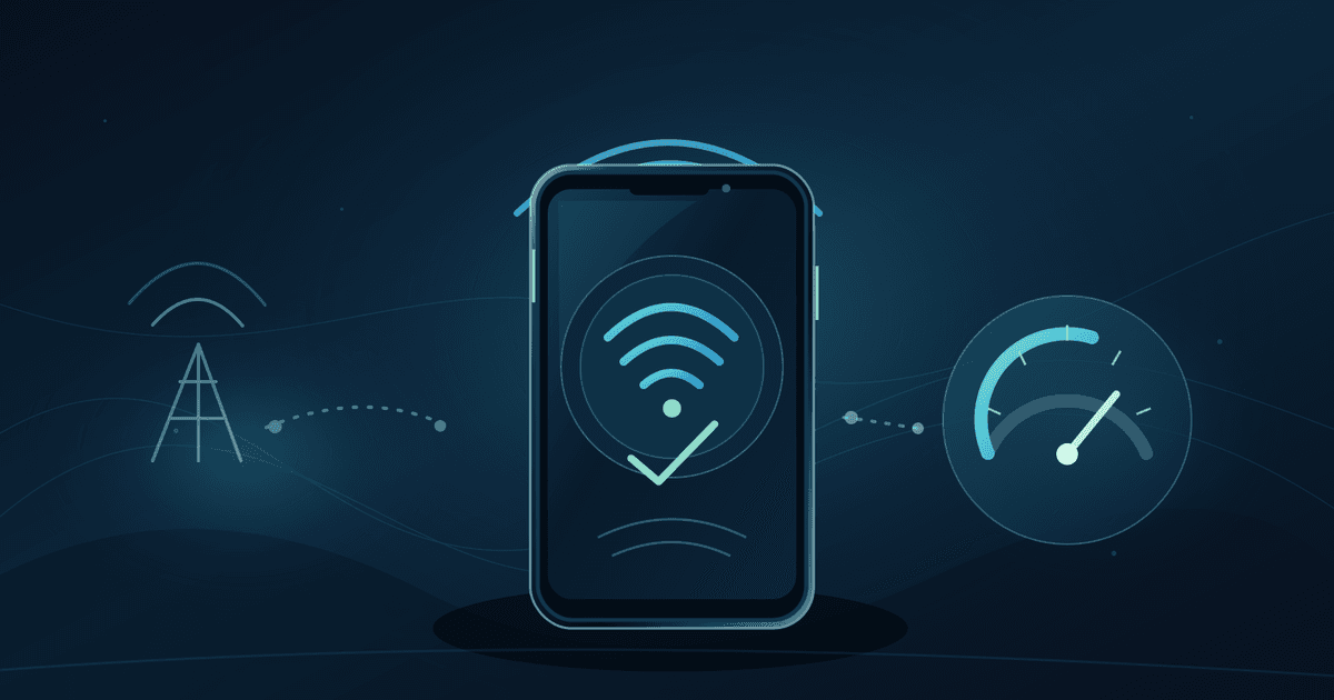 Unbranded editorial illustration of a smartphone with a wireless signal and check mark, beside a generic cellular mast and an unlabeled measurement dial, representing careful diagnosis of mobile internet quality.