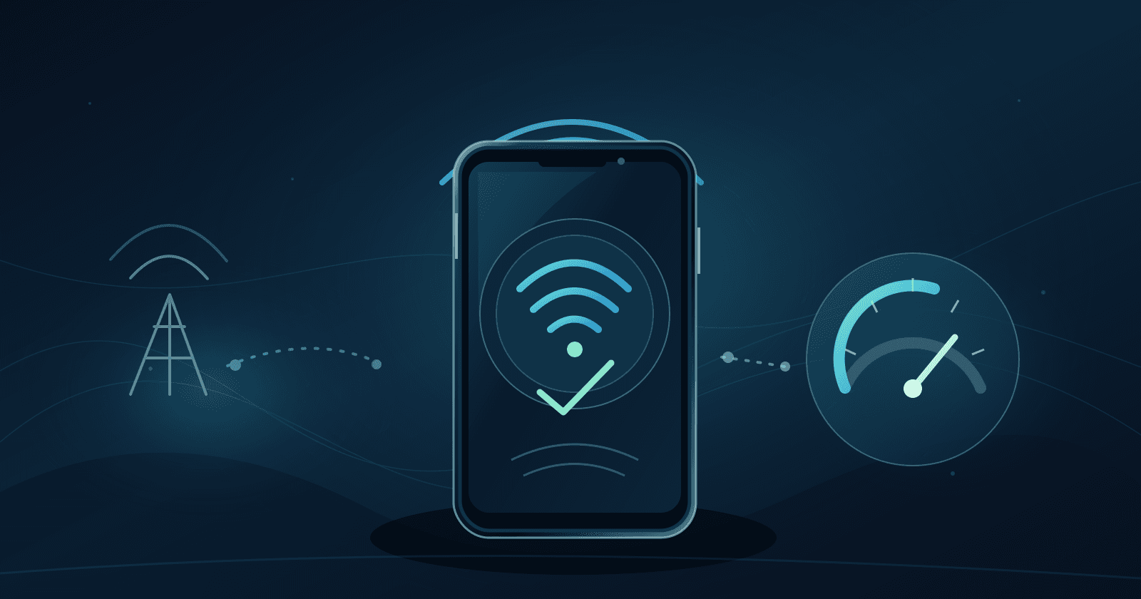 Unbranded editorial illustration of a smartphone with a wireless signal and check mark, beside a generic cellular mast and an unlabeled measurement dial, representing careful diagnosis of mobile internet quality.