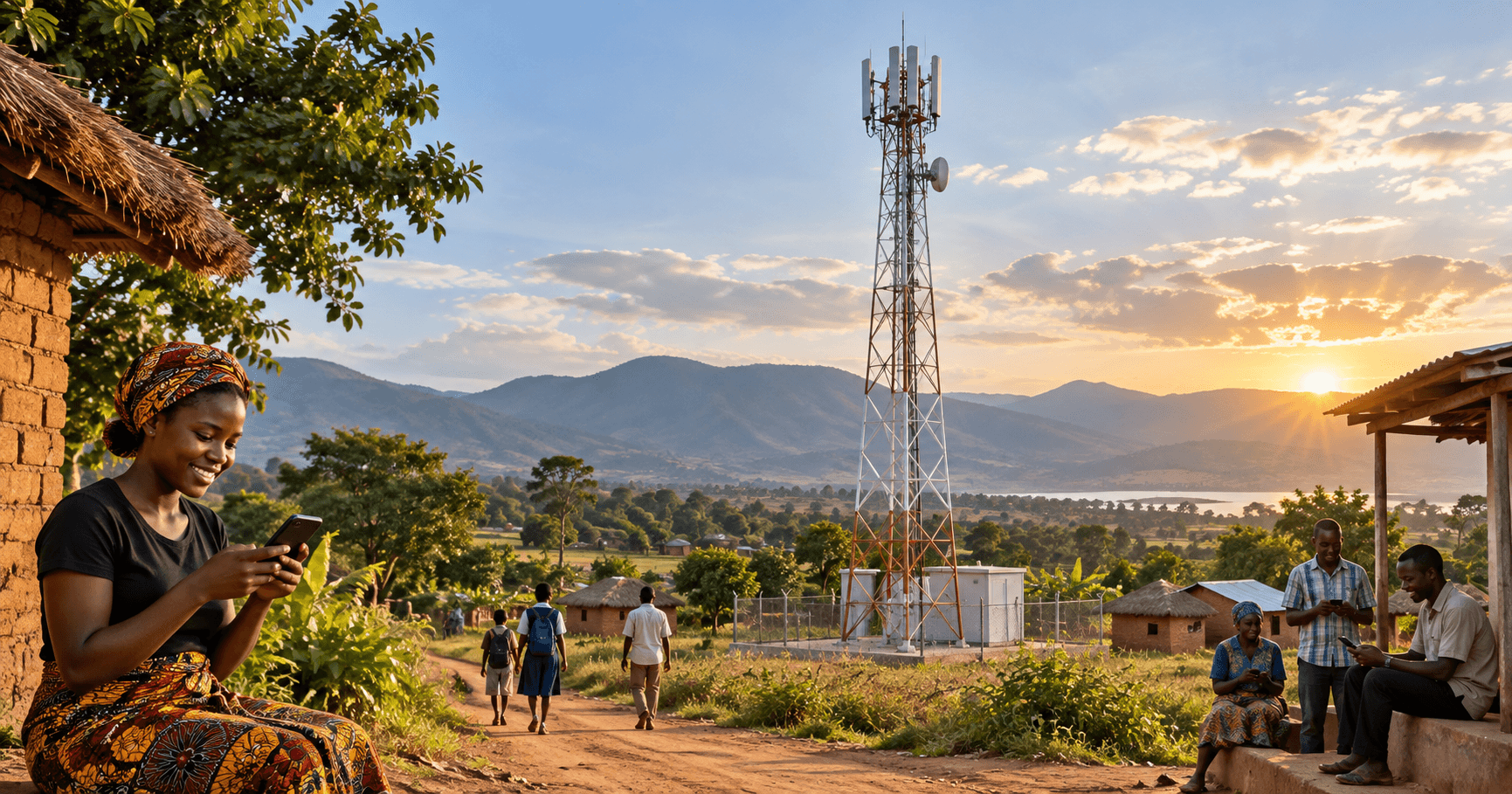 AI-generated editorial scene of a telecommunications mast above a rural village, with residents using mobile phones; an imagined setting, not a verified Digital Malawi tower site.