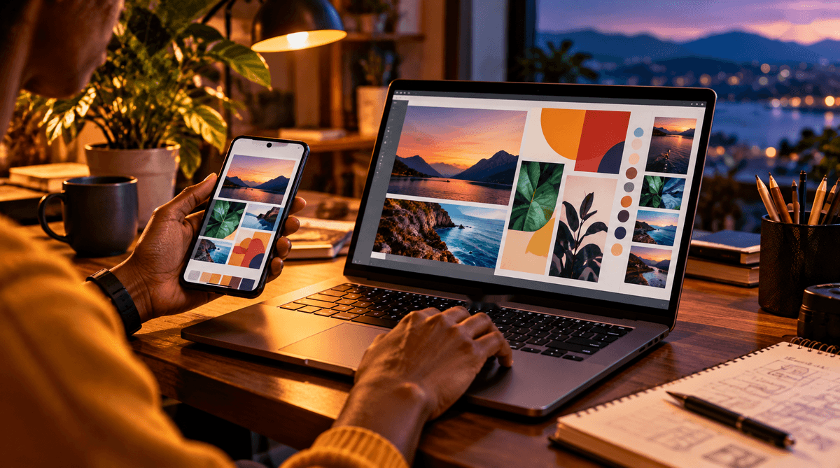 Fictional creative working with matching visual moodboards on a smartphone and generic laptop at a warmly lit desk.
