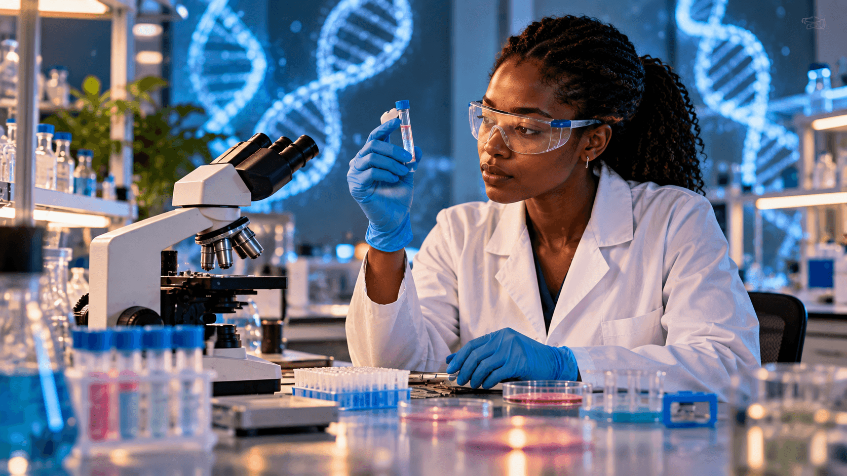 Fictional Black scientist examines a sample beside a microscope in an unbranded laboratory with abstract DNA imagery in the background.
