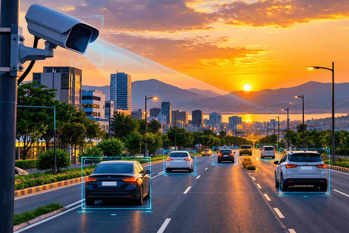 Conceptual illustration of a generic roadside surveillance camera monitoring vehicles on a fictional Blantyre-style city avenue, with subtle AI tracking overlays and no people.