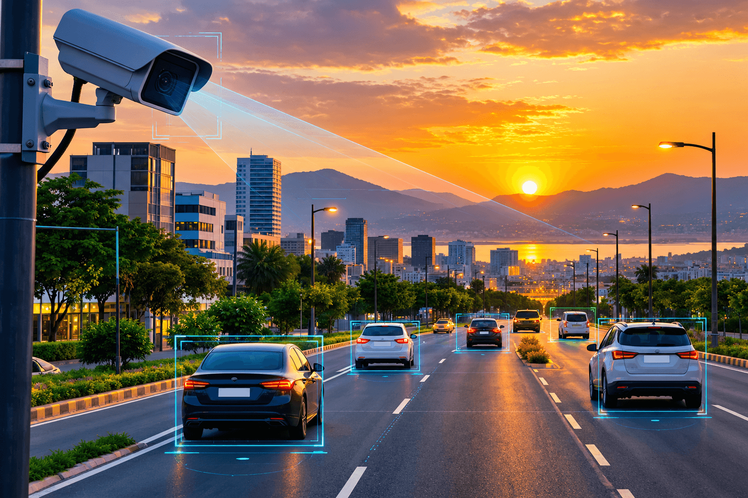 Conceptual illustration of a generic roadside surveillance camera monitoring vehicles on a fictional Blantyre-style city avenue, with subtle AI tracking overlays and no people.