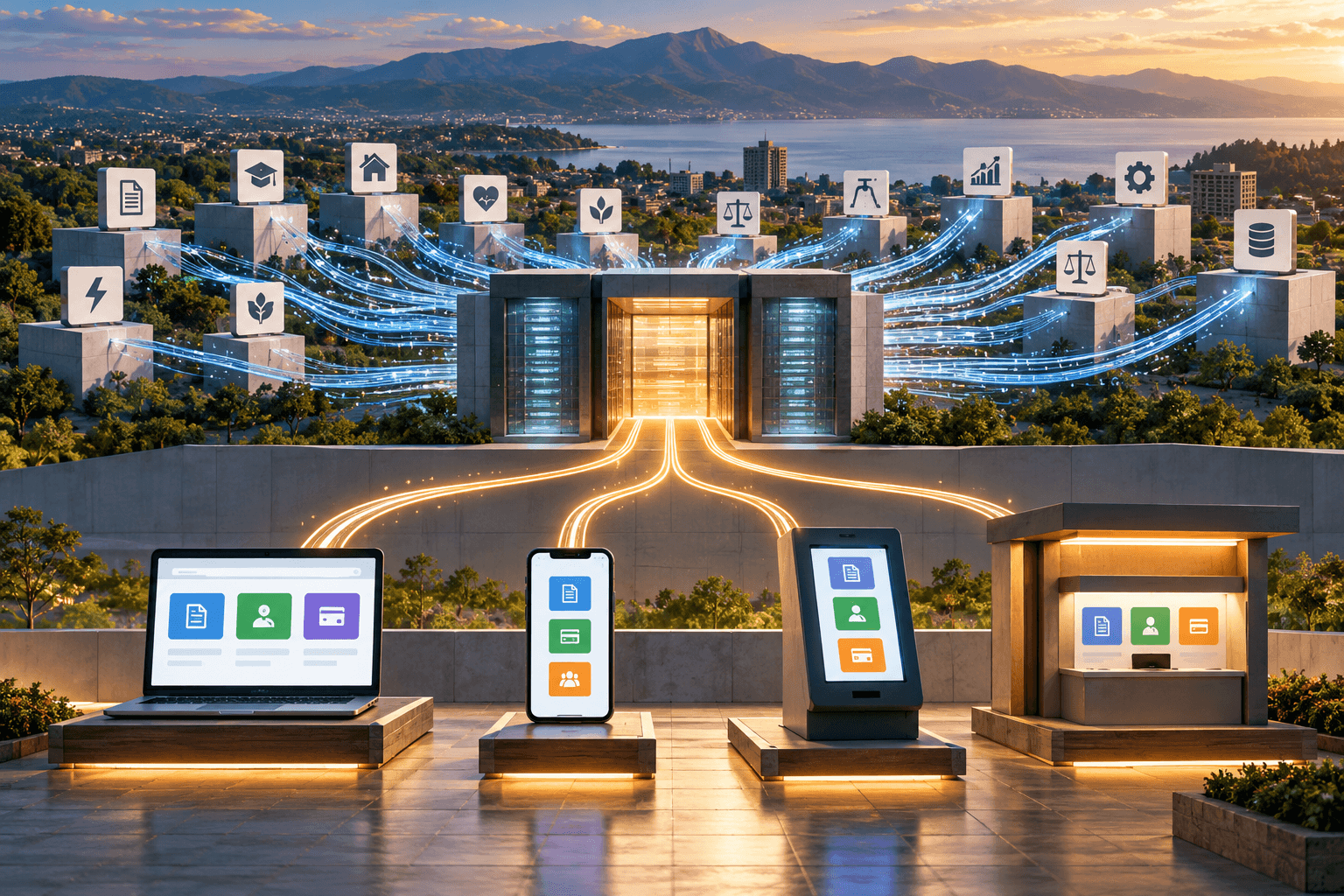 Conceptual illustration of multiple public-service systems feeding into a shared digital gateway and several citizen access devices.