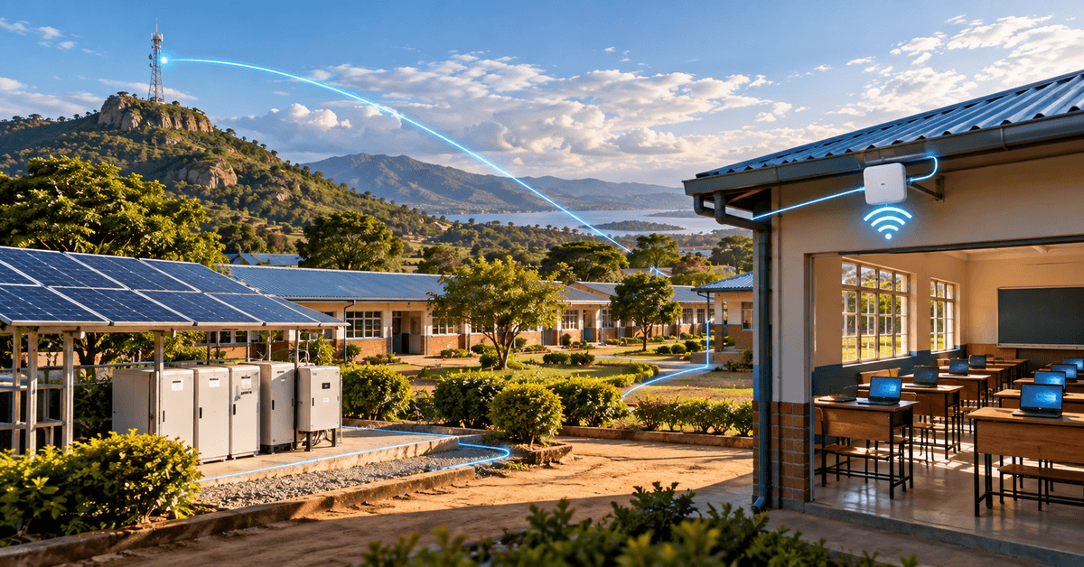 Fictional editorial illustration of a Malawian school campus with solar power, network equipment, a communications tower and connected classroom laptops.