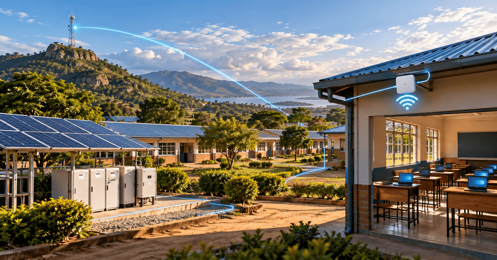 Fictional editorial illustration of a Malawian school campus with solar power, network equipment, a communications tower and connected classroom laptops.