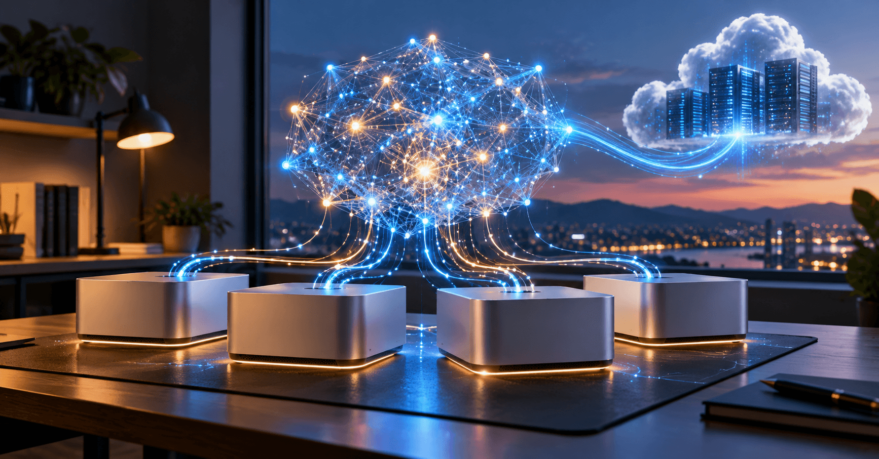 Fictional editorial illustration of four compact local AI workstations feeding a neural network while a cloud data center remains connected in the background.