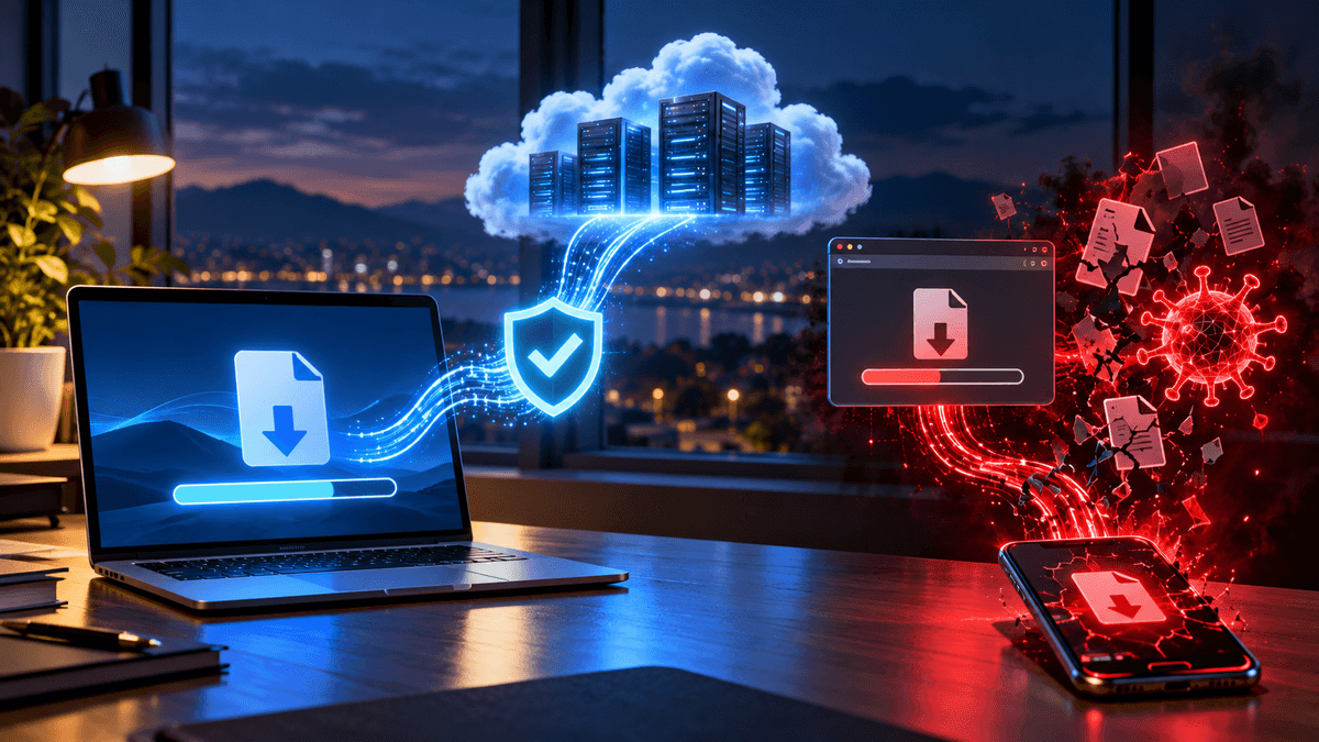 Fictional editorial illustration showing a verified blue software-download path beside a corrupted red malware-download path on desktop and mobile devices.