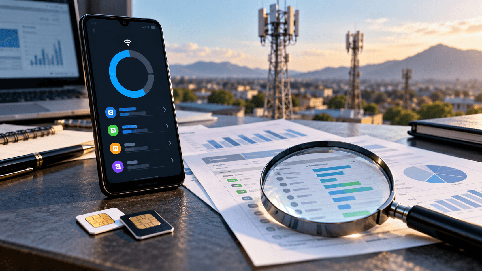 AI-generated editorial illustration of a smartphone data-usage meter beside telecom usage records, SIM cards and mobile network towers under review.