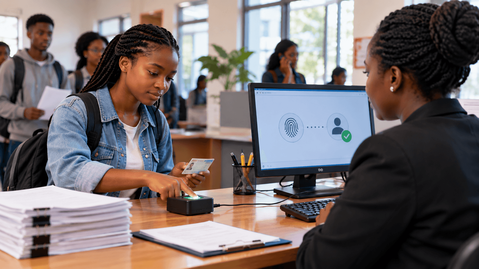Fictional editorial scene of a Black student presenting a generic identity card and using a fingerprint scanner while a Black staff member assists and other Black students wait in line.