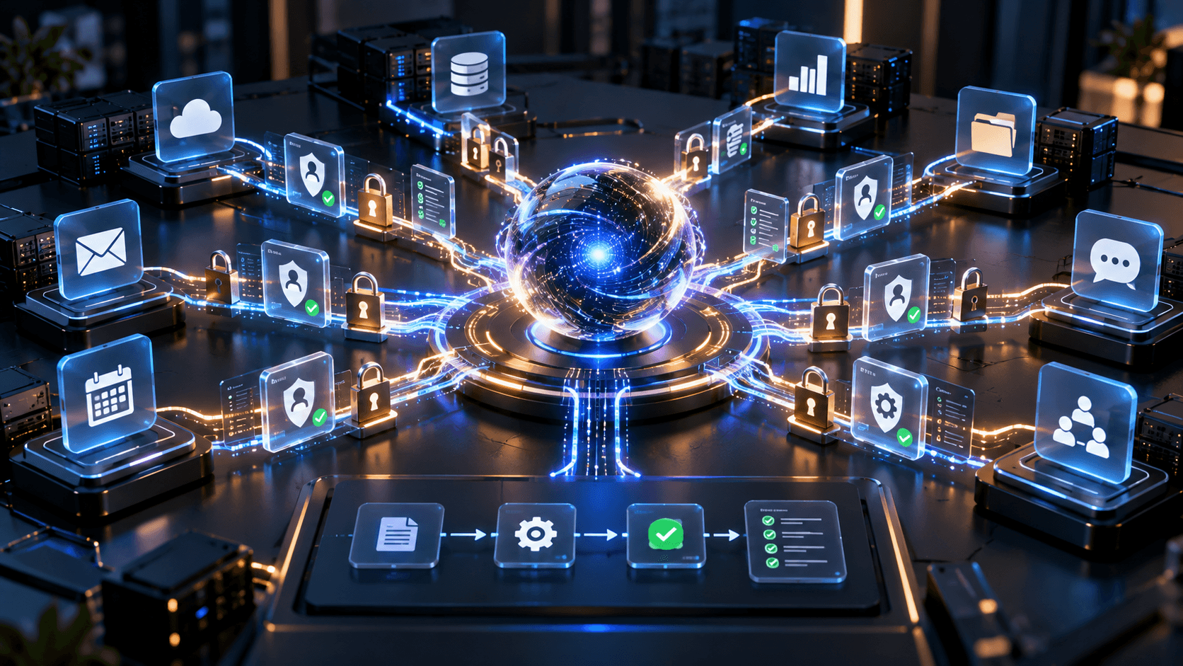AI-generated editorial illustration of a central autonomous agent connected to generic workplace apps through permission locks, approval gates and audit controls.