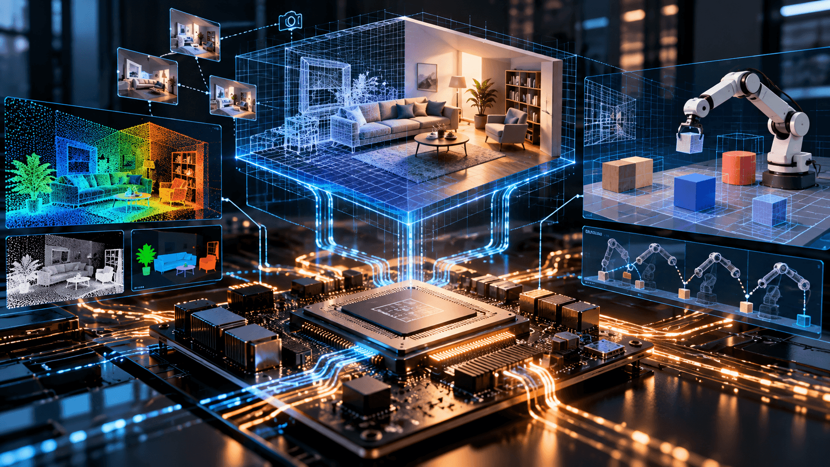 AI-generated editorial illustration of an unbranded processor beneath a generated 3D room and robotics simulation, representing world models shaping future AI compute.