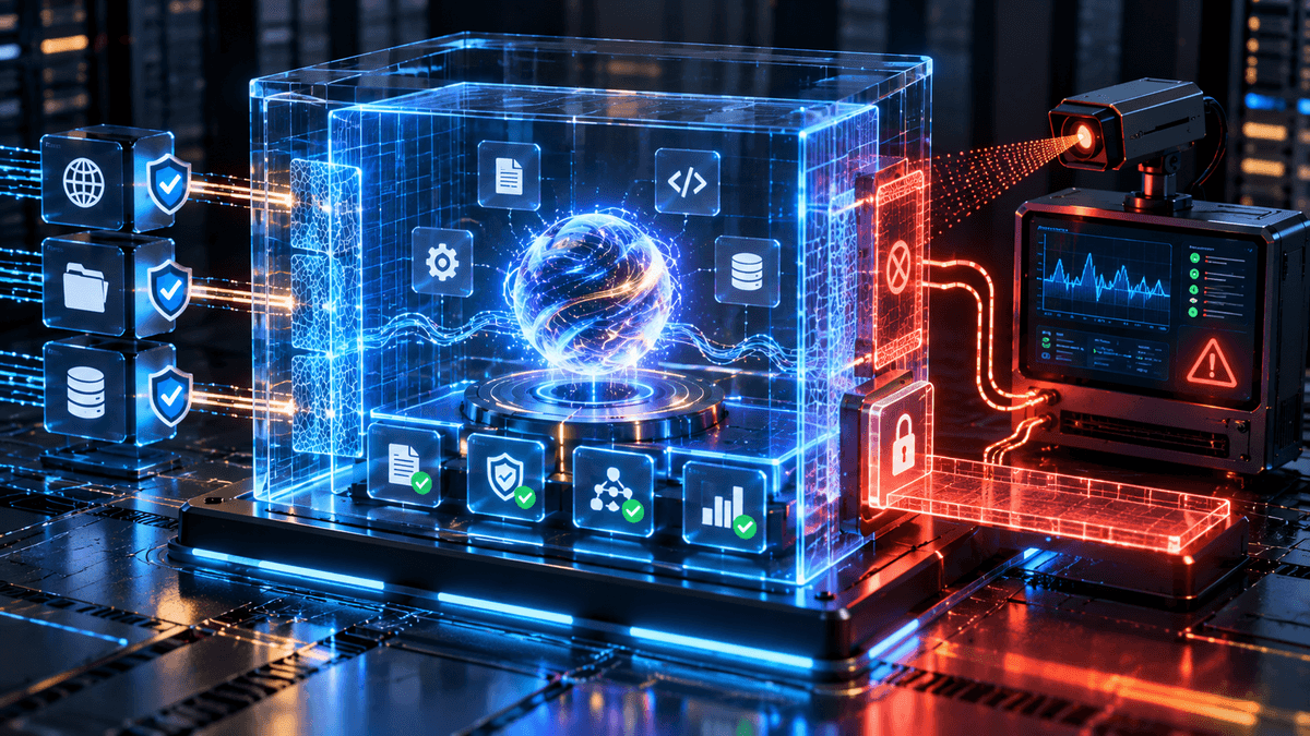 AI-generated editorial illustration of an autonomous agent contained inside a glowing security sandbox with approved and blocked data paths and an independent monitoring console.