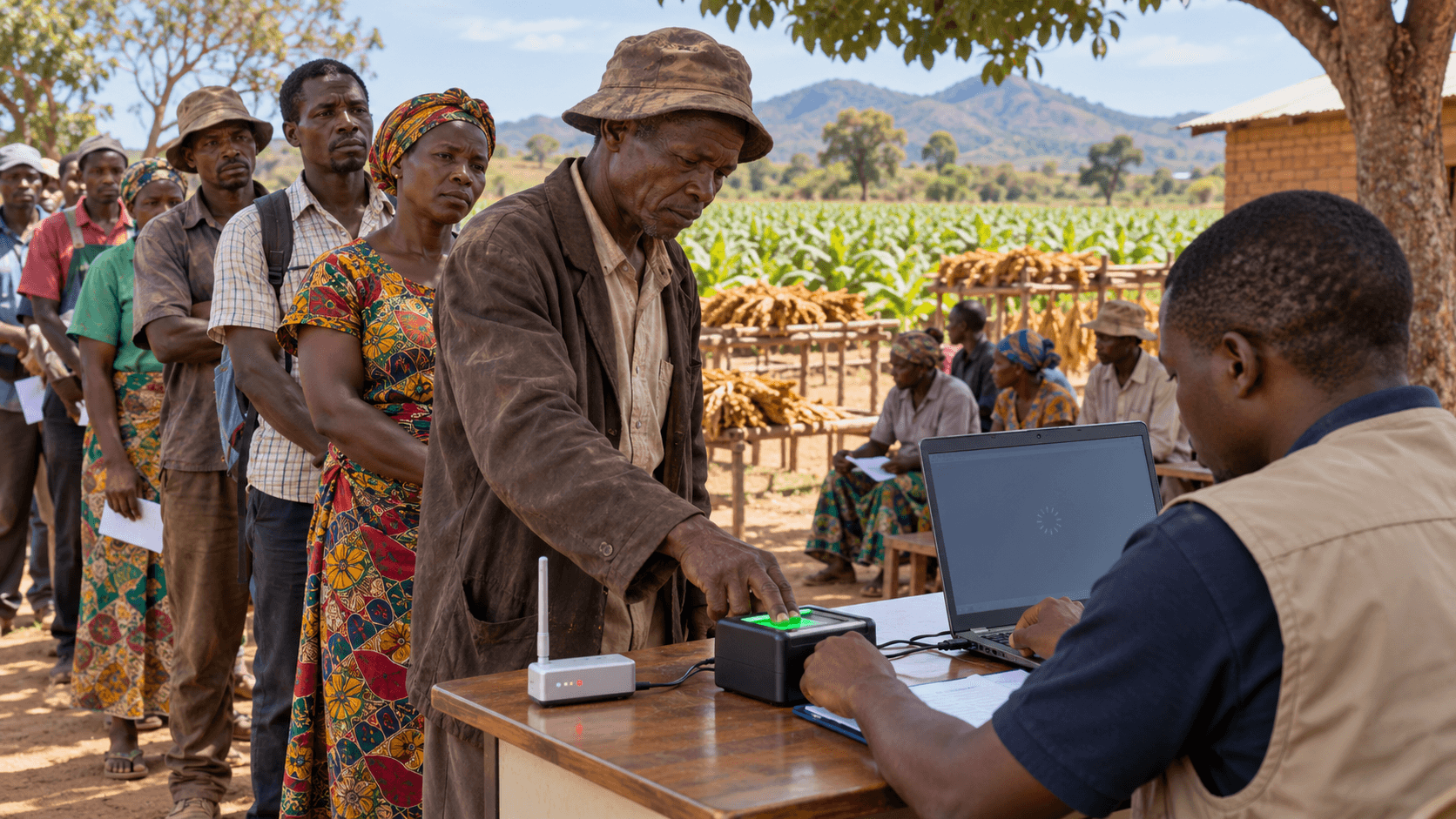 Conceptual illustration of Black Malawian tobacco farmers waiting at a rural registration desk while an older farmer uses a fingerprint scanner beside a laptop and modem.