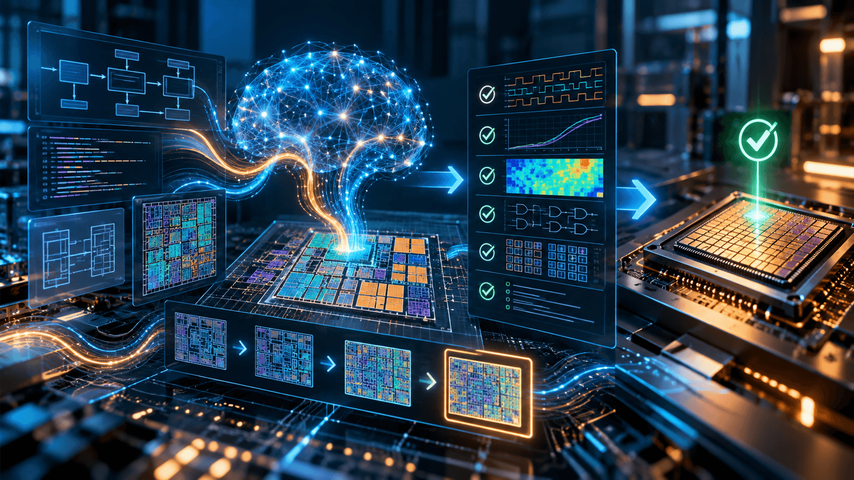 Conceptual illustration of an AI system coordinating chip-design diagrams and verification checks before a validated semiconductor device.