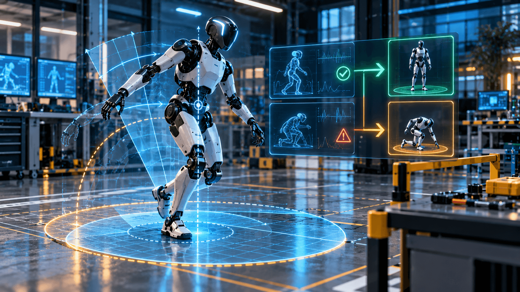 Conceptual illustration of a humanoid robot evaluating balance and emergency-stop paths inside a robotics lab.