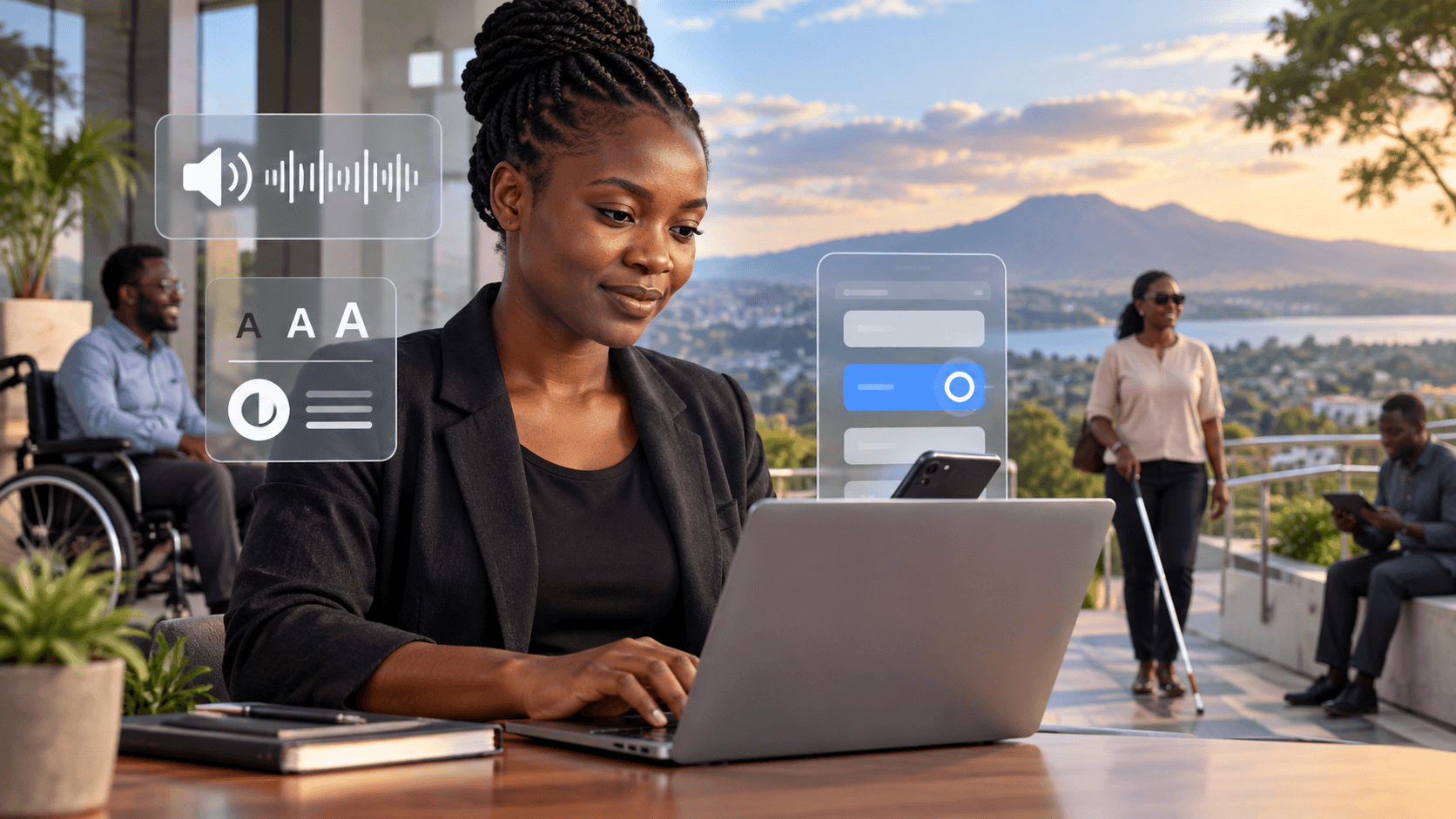 A Malawian professional using a laptop and smartphone with accessibility interface symbols, with people using assistive mobility tools in the background.