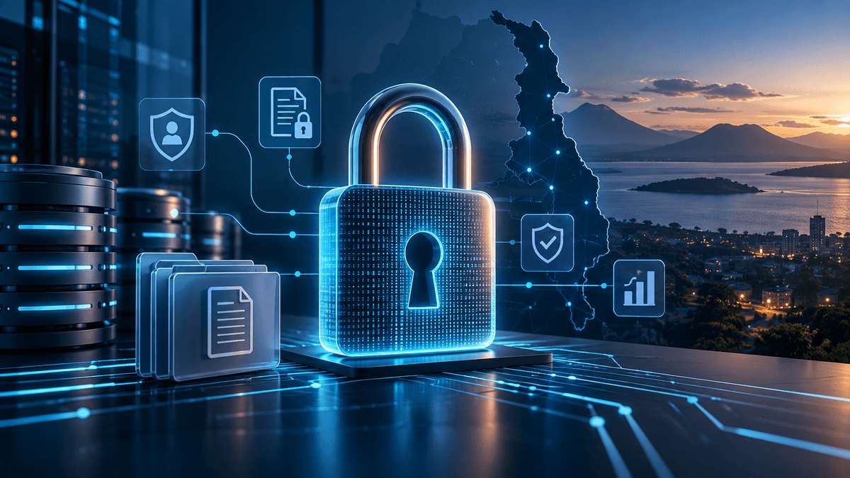 A glowing digital padlock connected to secure data systems beside a stylized map of Malawi and a lakeside technology landscape.