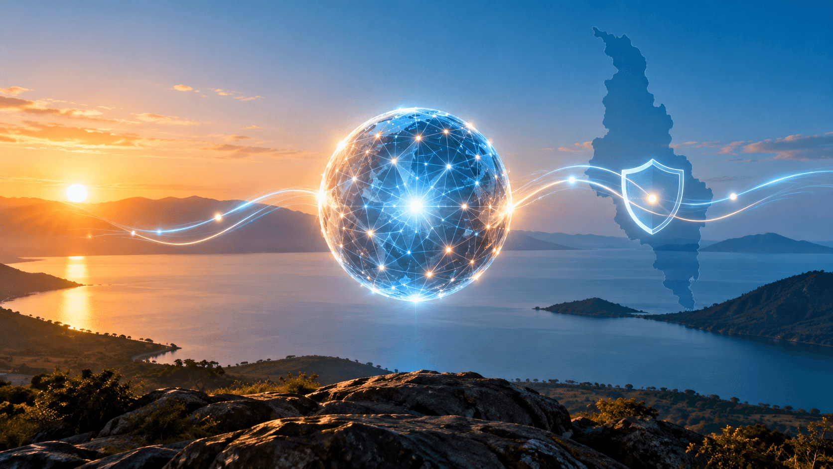 Editorial image of a connected AI network over a Malawi-inspired lakeshore, linked to a security shield and Malawi map silhouette.