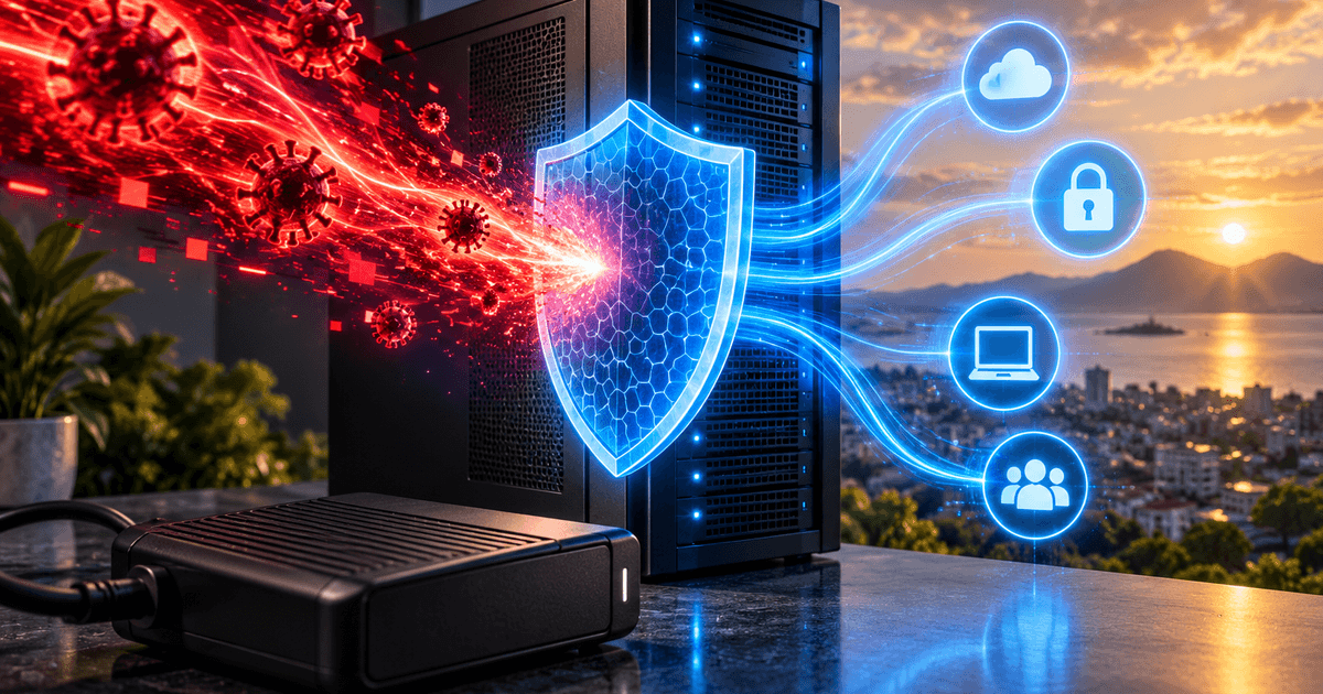 Editorial cybersecurity image showing a server protected by a glowing shield as a red cyberattack is blocked and secure blue data paths continue toward cloud and user services.