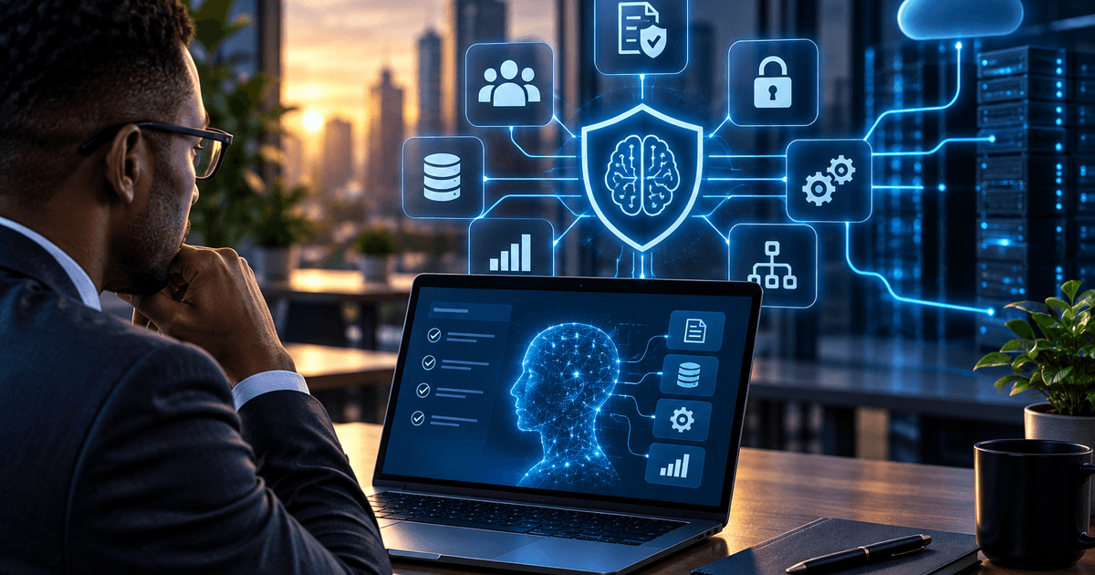 Black business professional reviewing a secure enterprise AI control plane represented by a central shield, connected governance, data, security, automation and observability symbols.