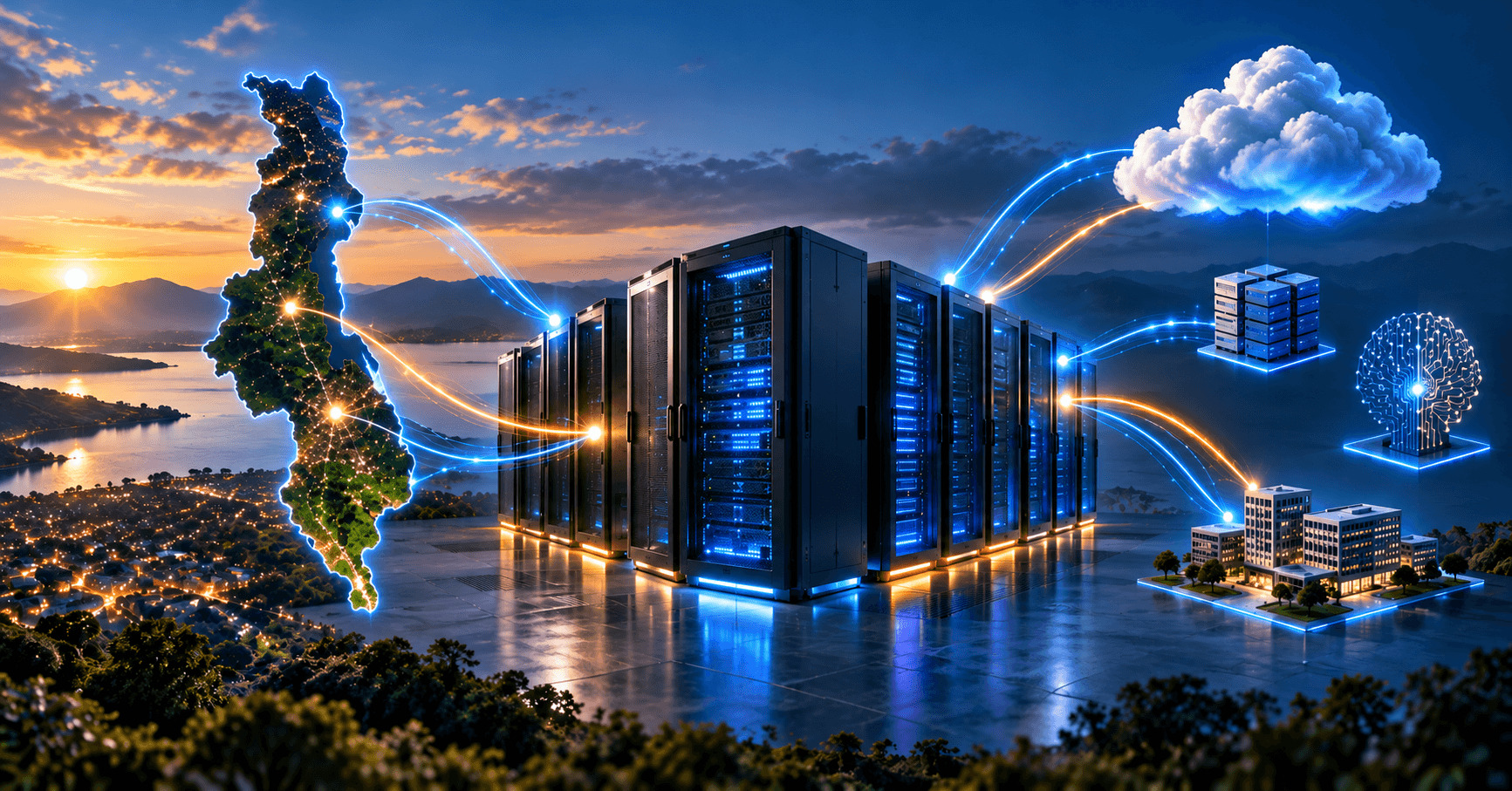 Wide editorial illustration showing the full Malawi-shaped illuminated network map, a central bank of data-centre servers, cloud infrastructure, an AI computing motif and connected enterprise buildings across one continuous panoramic scene.