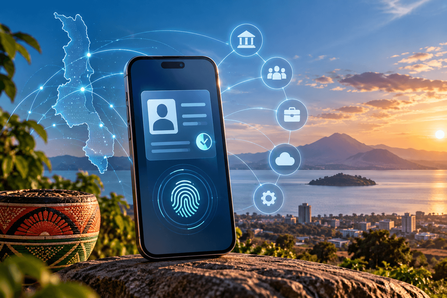Editorial illustration of a smartphone displaying a text-free verified digital identity interface beside a glowing Malawi-shaped network map and connected service icons above a lakeside city landscape.
