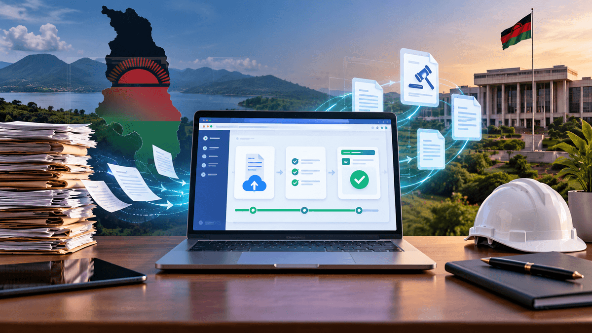 Editorial illustration of paper procurement files transforming into a secure digital tender workflow on a laptop, set against a Malawi landscape and government-service context.