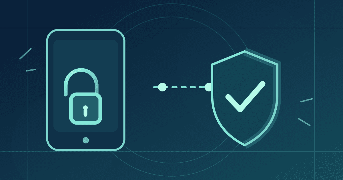 Editorial illustration of a smartphone containing an unlocked padlock connected by a dotted line to a shield with a check mark, representing passkey-based sign-in protection.