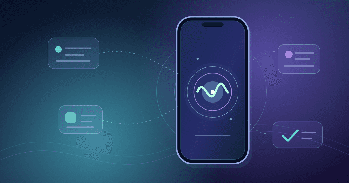 Conceptual unbranded smartphone with a luminous assistant symbol connected to abstract information and task cards; not an Apple interface or device screenshot.