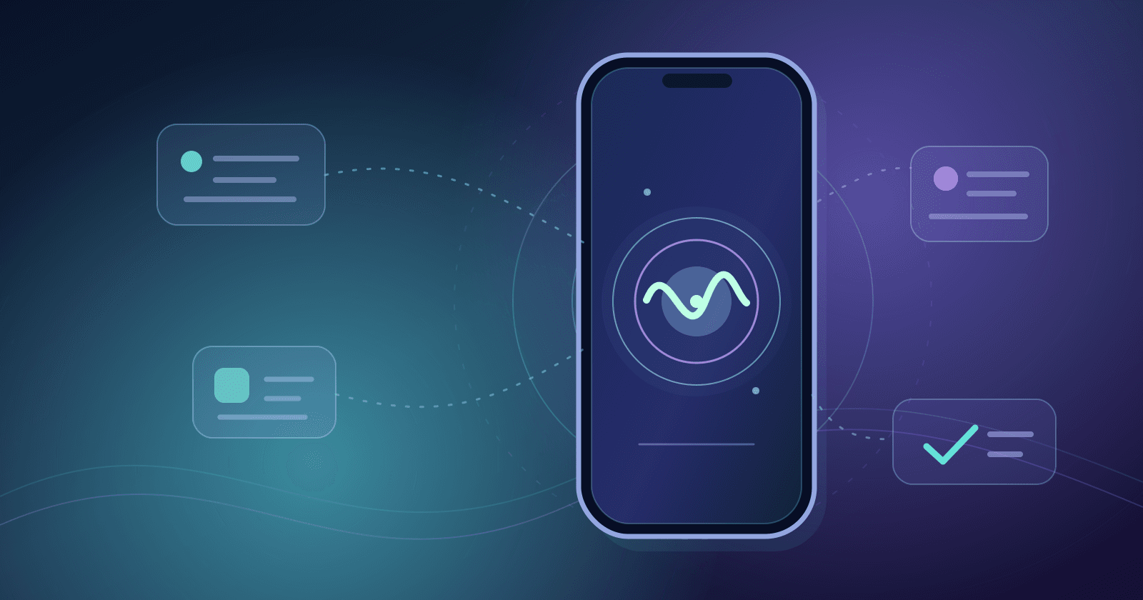 Conceptual unbranded smartphone with a luminous assistant symbol connected to abstract information and task cards; not an Apple interface or device screenshot.