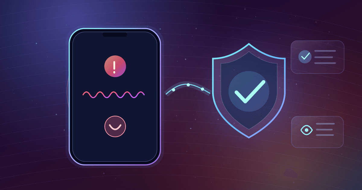 Conceptual incoming emergency call with an abstract warning waveform, separated from a large protective shield and verification check mark.