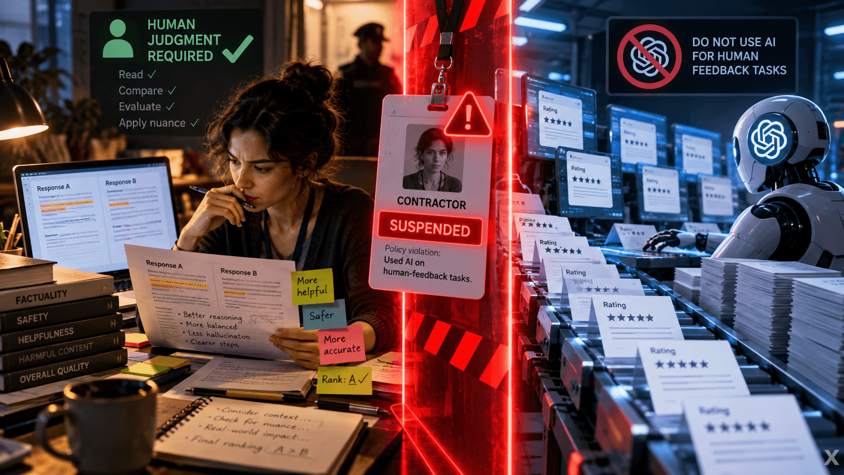 Fictional woman comparing AI responses at a desk; a split-scene illustration contrasts automated ratings with a red suspended-contractor badge.