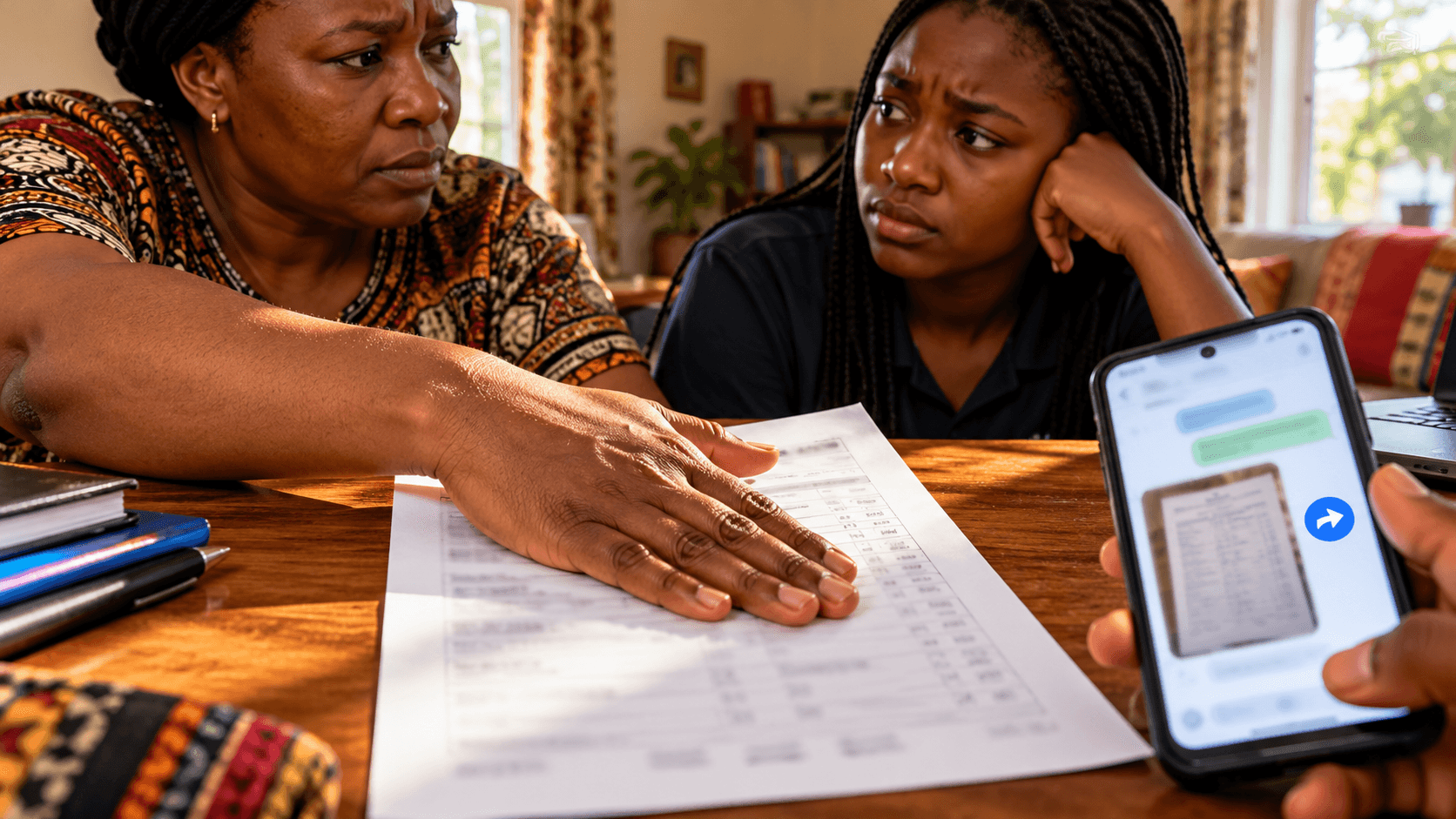 Fictional mother and young woman at a study table, shielding details on an exam slip while a phone displays a blurred image in a chat.
