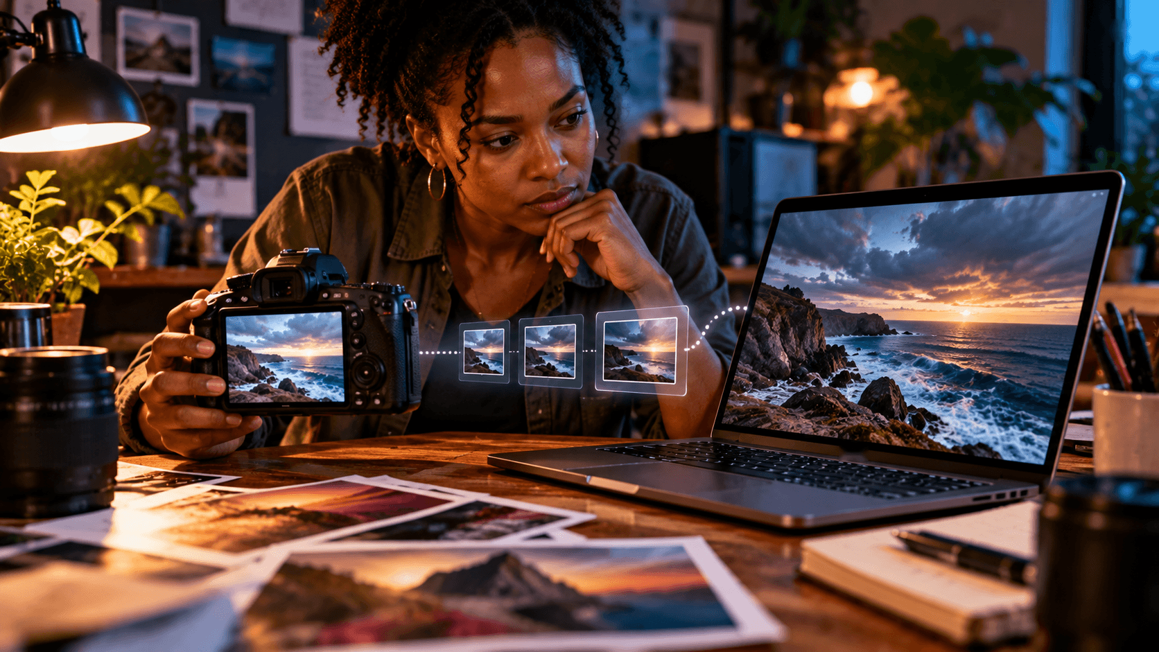 Fictional photographer compares a coastal photo on a camera with the image on a laptop; small floating frames suggest reviewing its history.