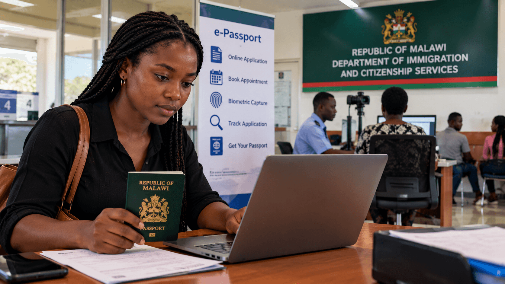 AI-generated editorial scene of a Black woman using a laptop while holding a Malawi passport-like booklet in a simulated immigration office, with e-Passport and biometric-service signage behind her.