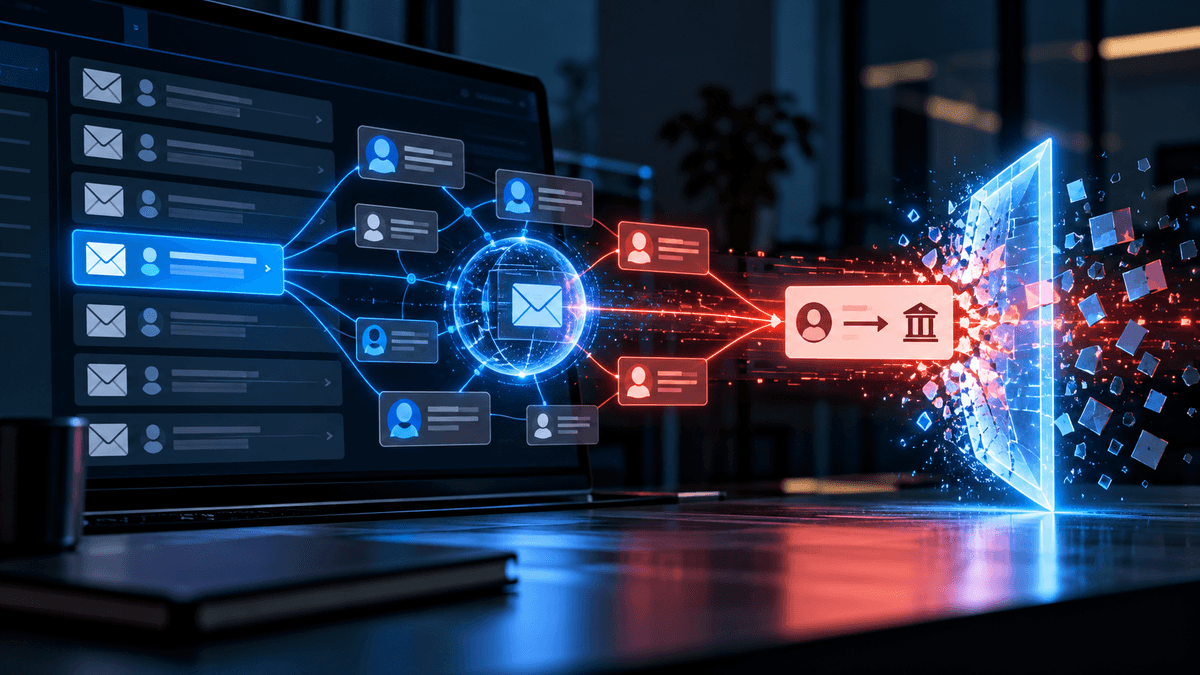 Conceptual editorial illustration of an email inbox feeding relationship data into an AI analysis node while a fraudulent payment path is blocked by a digital shield.