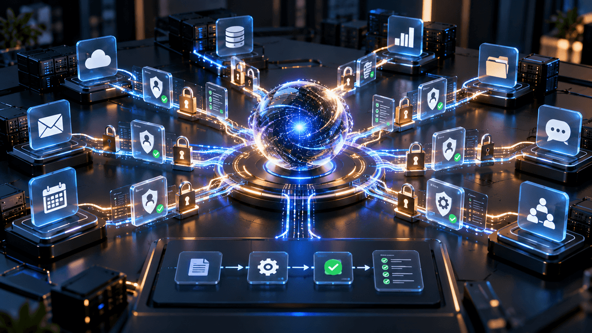 AI-generated editorial illustration of a central autonomous agent connected to generic workplace apps through permission locks, approval gates and audit controls.