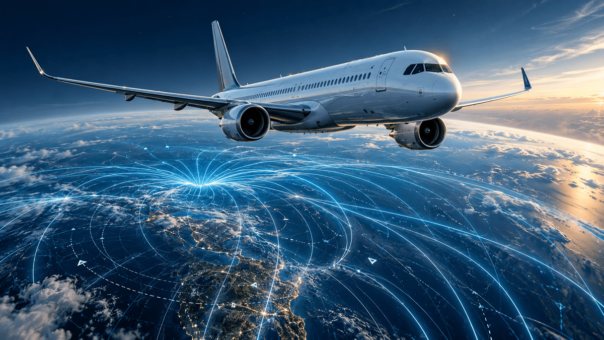 Photorealistic conceptual illustration of an unbranded passenger aircraft flying above Earth while luminous magnetic-field lines trace the planet below.